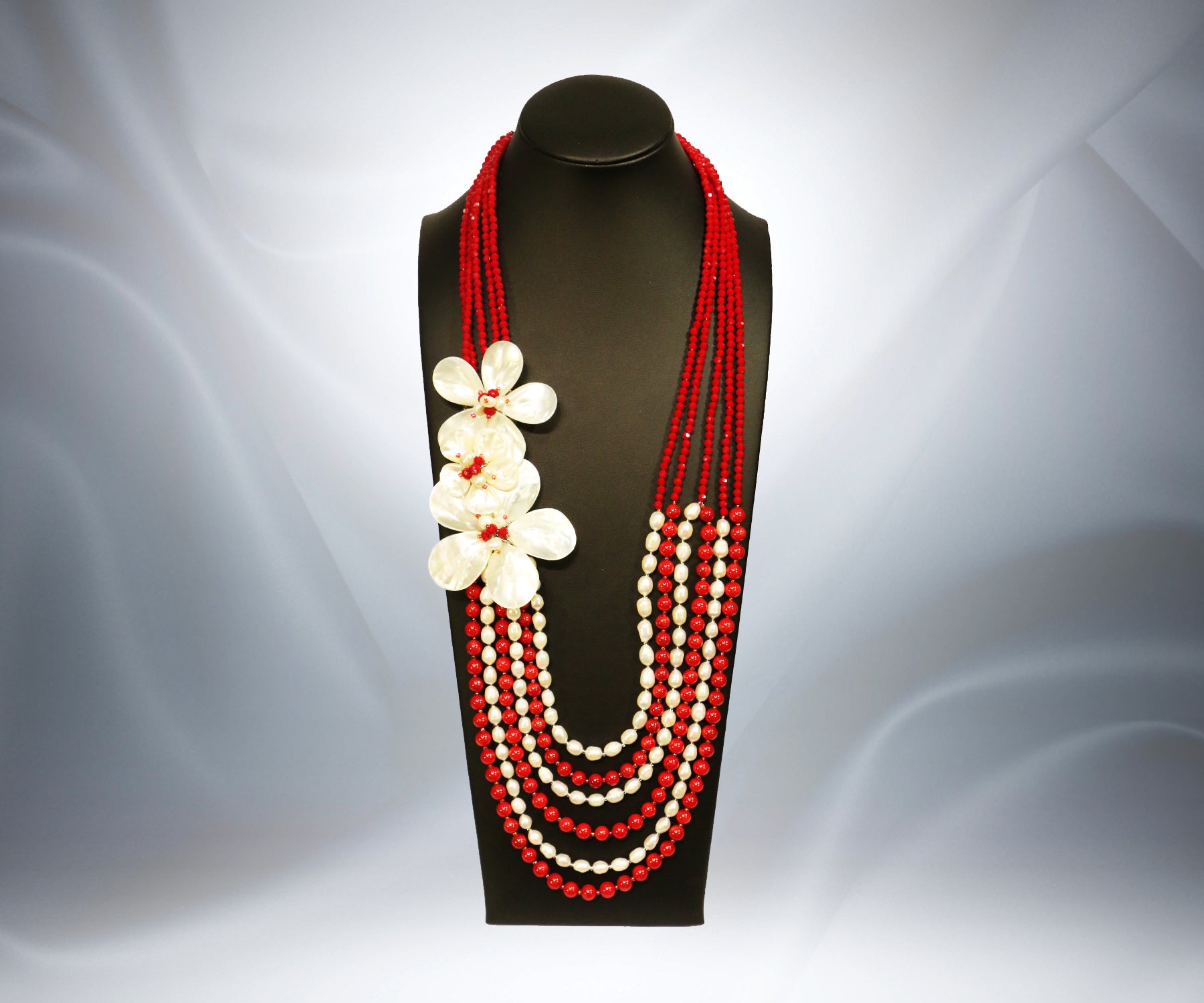 Mother of Pearl Red Onyx Flower Necklace - Tibet Arts & Healing