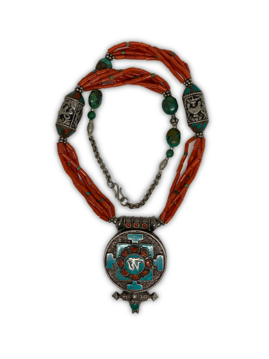 Om coral and turquoise necklace