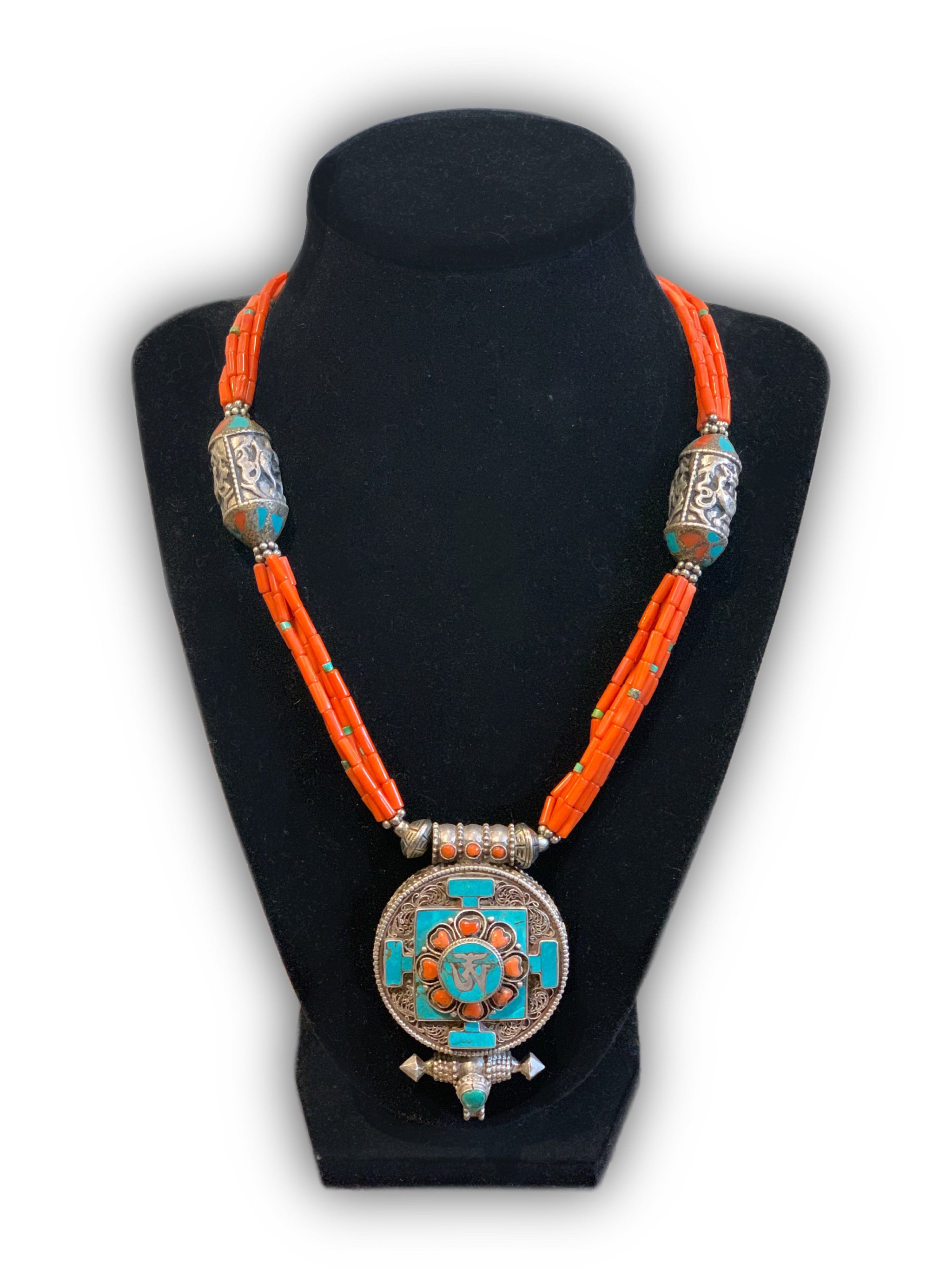 Om coral and turquoise necklace