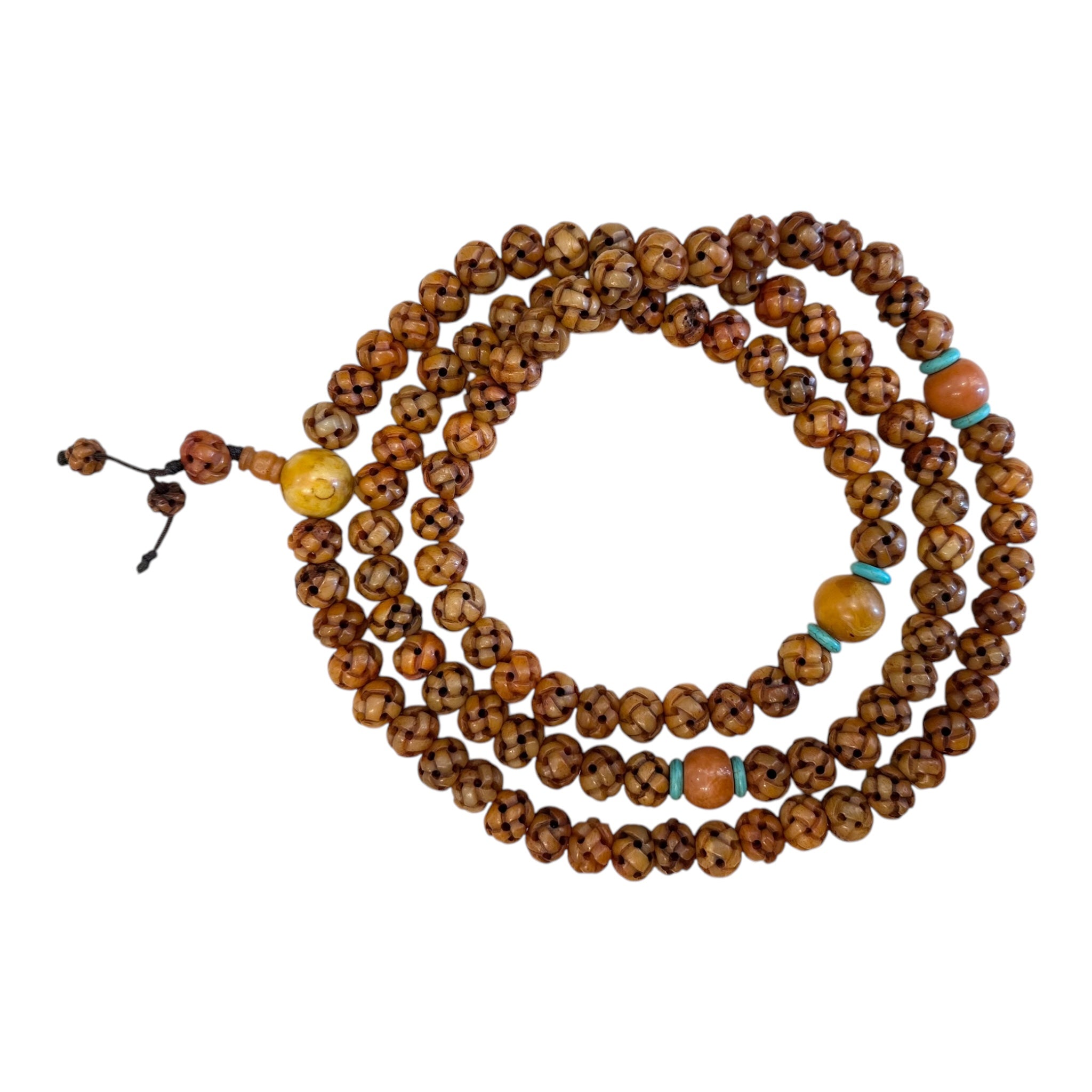 Hand Carved Antique Yak Bone Mala with Coral and Amber guru bead