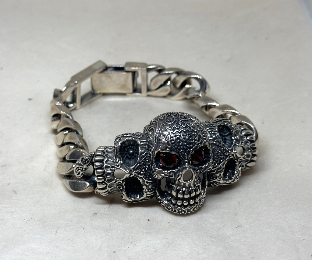 Sterling Silver Whitby Jet Leather Skull Bracelet B1135 | W Hamond Fine  Jewellery