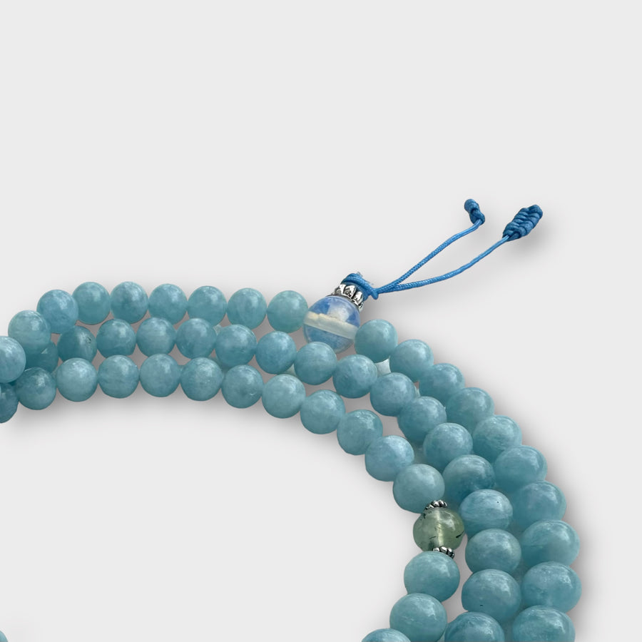 Natural Aquamarine Mala with Lapis and Prehnite Spacers
