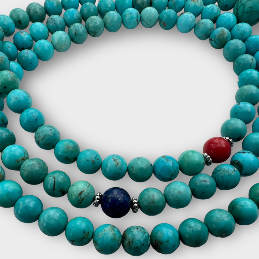 Natural Turquoise Mala with Lapis and Carnelian Spacers