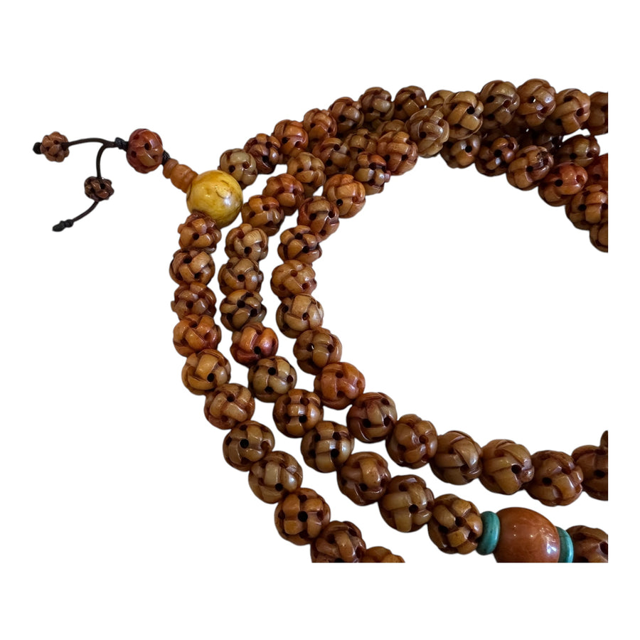 Hand Carved Antique Yak Bone Mala with Coral and Amber guru bead