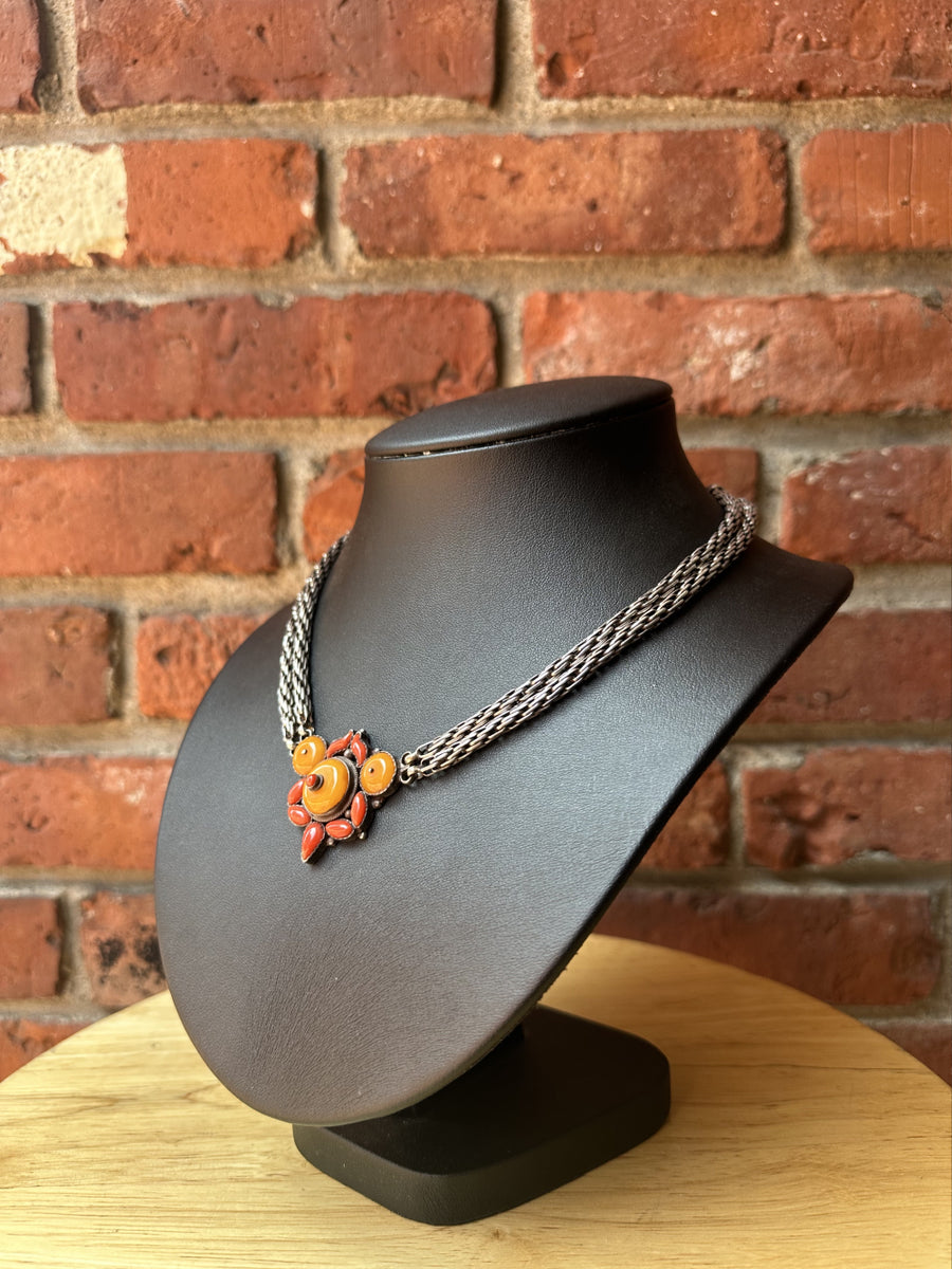 Old Amber and Coral Silver Necklace