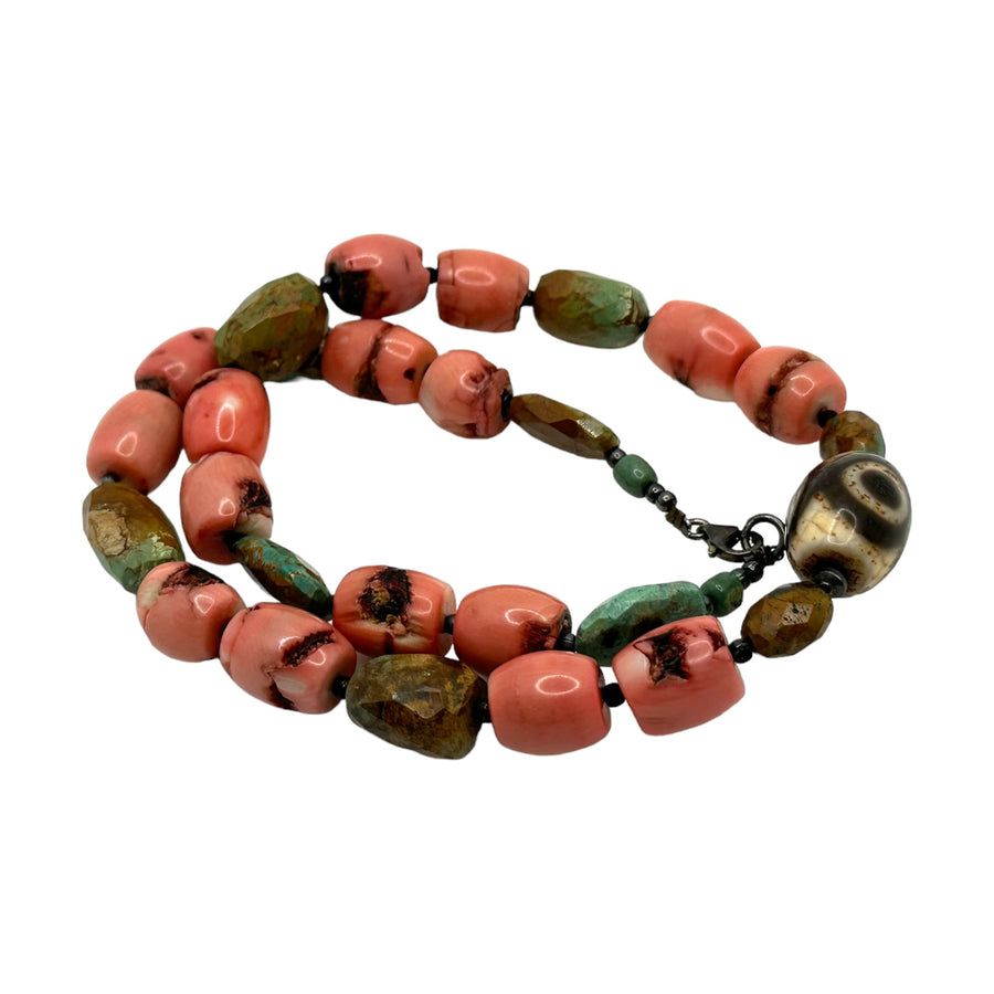 Old Tibetan Coral Turquoise Dzi Necklace
