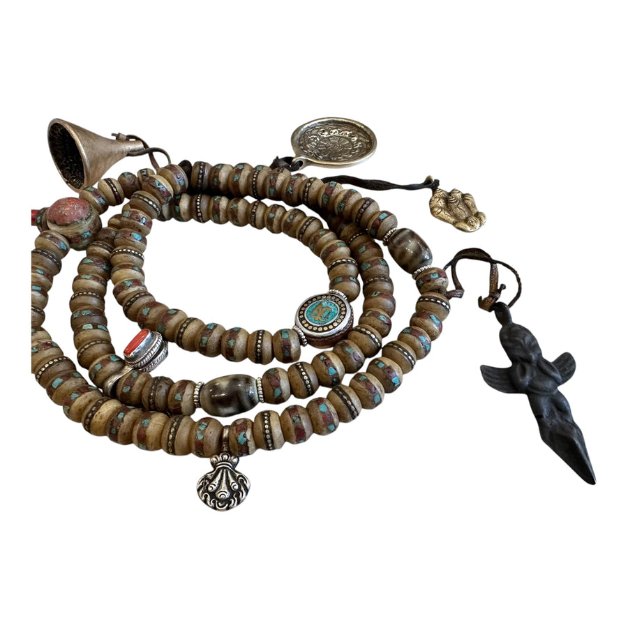 Rare Old Used Tibetan Medicine Mala with Dzi Spacers