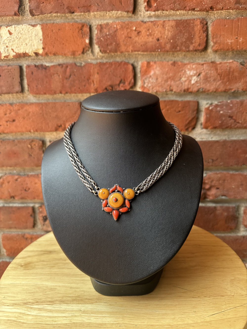 Old Amber and Coral Silver Necklace
