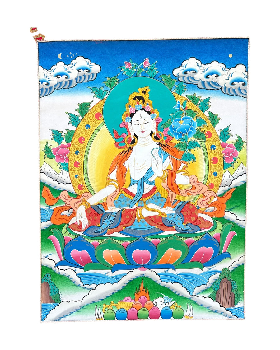 White Tara Silk Handpainted Thangka