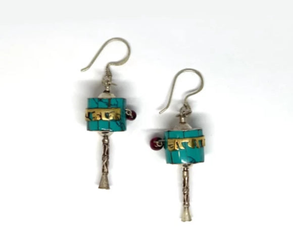 TURQUIOSE PRAYER WHEEL SILVER EAR RING